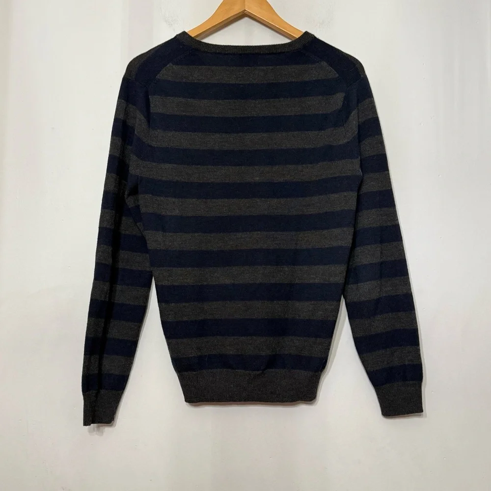 J.‎ Crew 100% Merino Wool Sweater V-Neck Stripe Preppy Business Casual Men’s S
